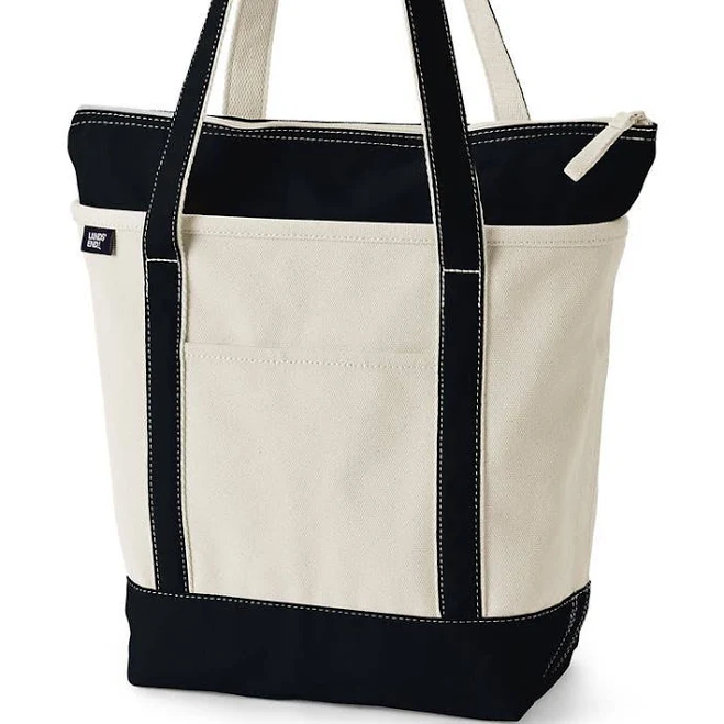 Lands' End Zip Top Long Handle Canvas Tote Bag