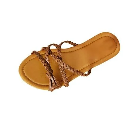 Women's Flat Open Toe Cross Weave Leather Slide Sandals