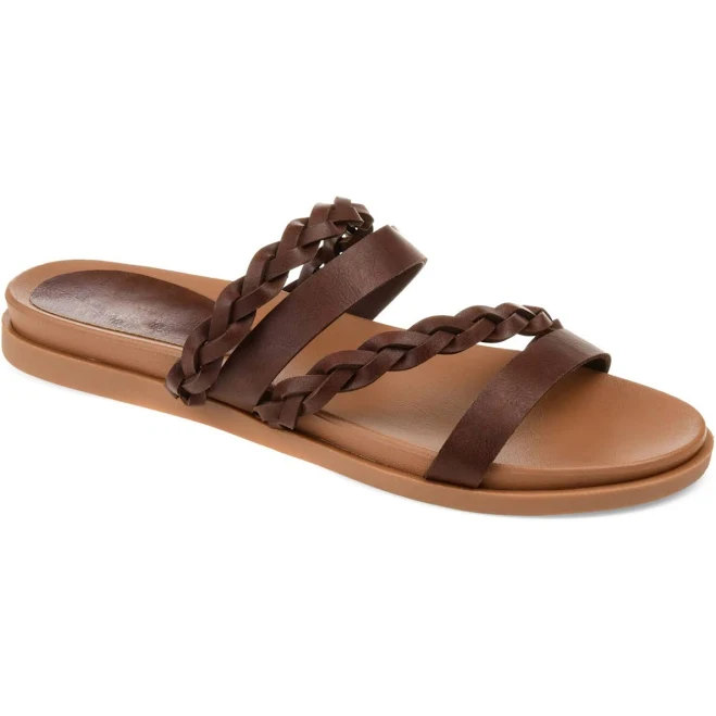 Journee Collection Women's Colette Braided Strappy Open Toe Flat Sandals - Brown - Size 7W