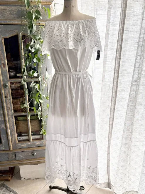 Eyelet White Off Shoulder Maxi Dress Wedding Beach Boho Ny & Co Xl