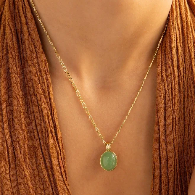 Caitlyn Minimalist 18K Gold Jade Gemstone Oval Pendant & Figaro Chain