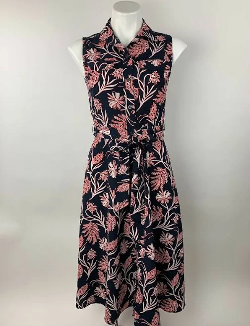 Banana Republic Navy Blue Coral Floral Midi Button Down Tie Waist
