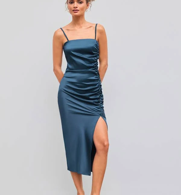 CIDER Women's Cocktail Date Night Formal Wedding Guest Graduation Homecoming Solid Satin Ruched Cami Midi Dress Split