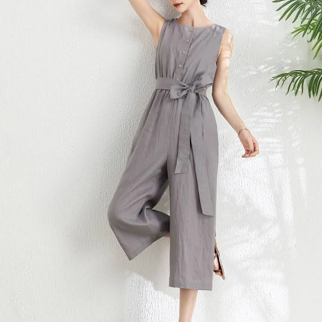 Women's Loose Linen Wide Leg Jumpsuit