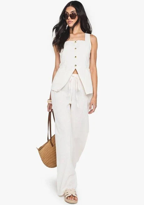 Boohoo Linen Look Square Neck Waistcoat and Tailored Wide Leg Pants Matching Set