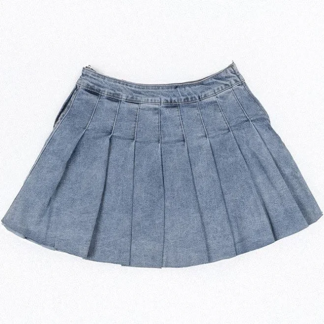 Pleated Denim Mini Skirt