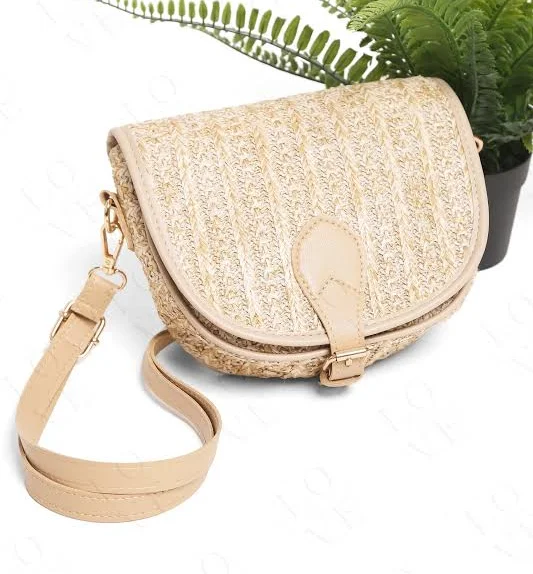 Straw Crossbody Purse with Detachable Leather Straps