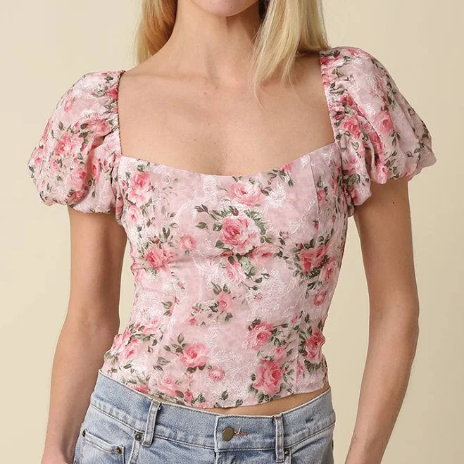 Off Shoulder Floral Puff Sleeve Top