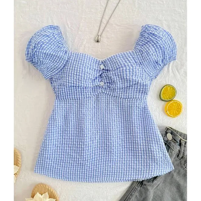 Off-Shoulder Gingham Puff Sleeve Top