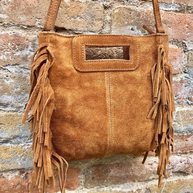 Genuine Suede Leather Crossbody Bag with Fringes