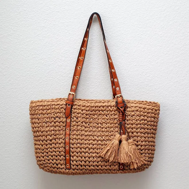 Elena Straw Woven Tote with Leather Straps