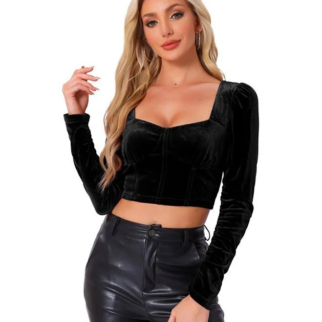 Ruched Sleeve for Women's Sweetheart Neck Party Velvet Crop Tops