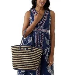 RALPH LAUREN Brie Leather-Trim Straw Large Tote Bag Natural /Refined Navy $250