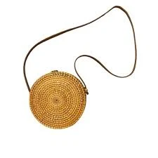 Artisanal Woven Rattan Round Crossbody Bag with Leather Strap