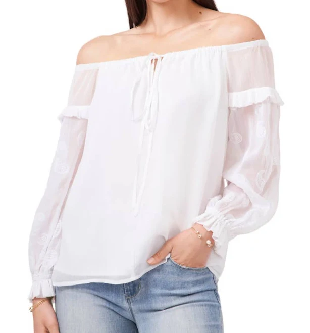 VINCE CAMUTO Womens Embroidered Blouson Sleeve Off Shoulder Peasant Top, White