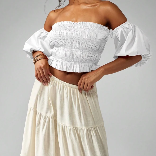 MISSGUIDED Shirred Ruched Puff Sleeve Off Shoulder Crop Blouse