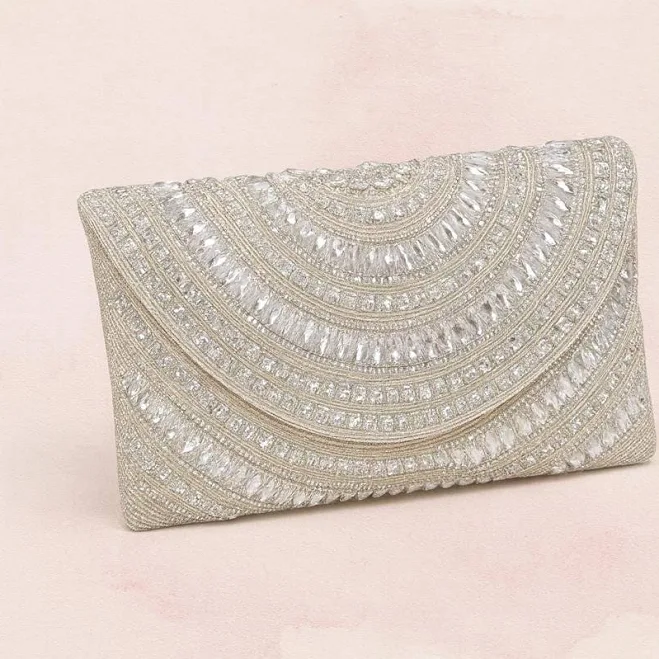 Crystal Embellished Beaded Silver Crystal Evening Clutch