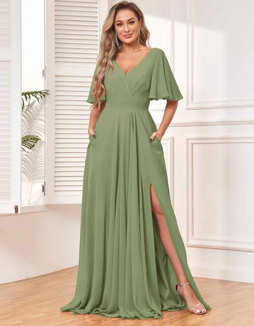 Aubrey Flowing V-Neck Slit Floor Length Bridesmaid Dress