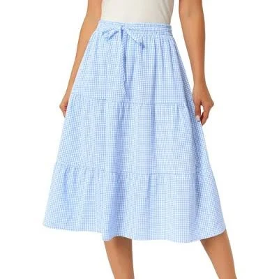 Inspire Chic Women's Gingham Tiered Plaid Midi Skirt with Pockets