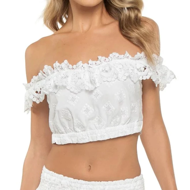 Temptation Positano Fieno Off-Shoulder Lace Crop Top