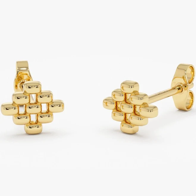 14K Gold Geometric Beaded Stud Earrings