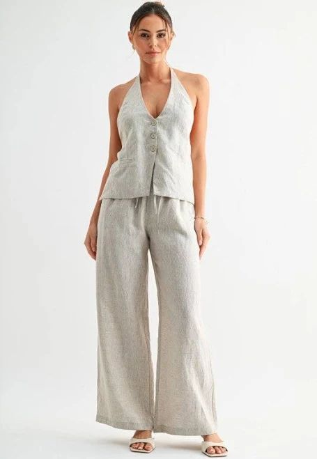 Miss Match Group Inc. Cameron Sleeveless Halter Open Back Linen Top and Wide Leg Pant
