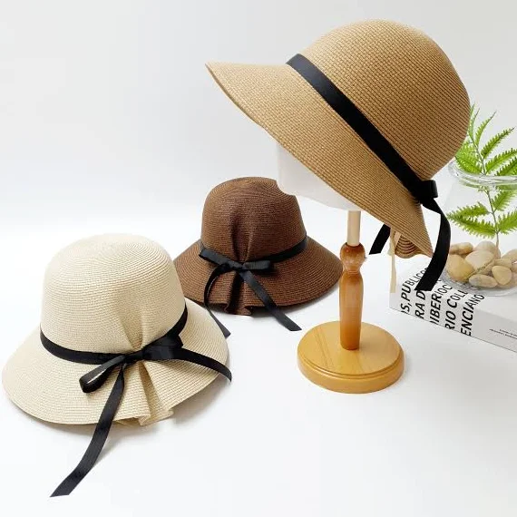 Foldable Wide Brim Straw Sun Hat with Ribbon