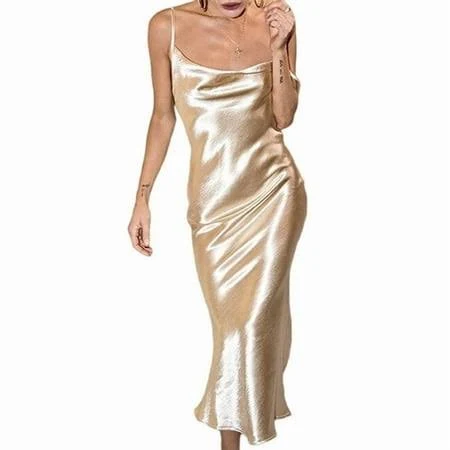 Women's Spaghetti Strap Midi Satin Silk Dresses Slip Cowl Neck Party Cocktail Evening Dress Gold M, Size: Medium