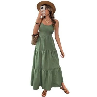Coolmee Women's Casual Boho Sleeveless Smocked Tiered Maxi Dress