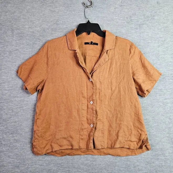 Quince 100% Linen Short Sleeve Button Front Cropped Shirt Rust Brown