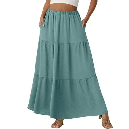 Women's Flowy A-Line Ruffle Maxi Skirt with Pockets