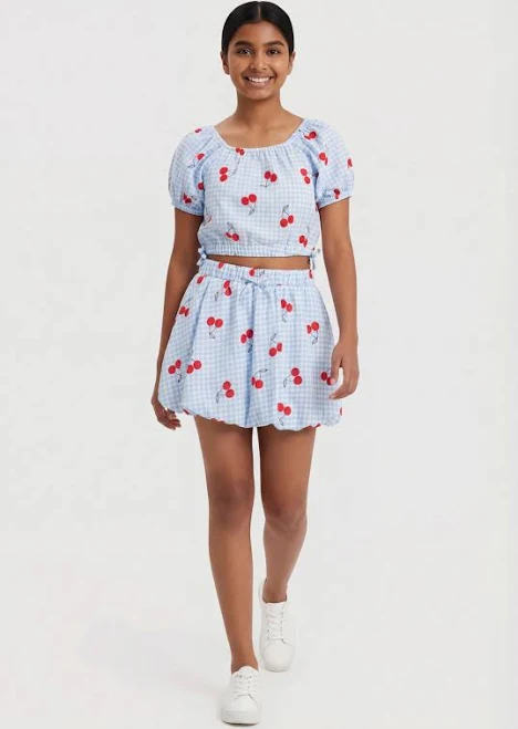 Girls Cherry Gingham Puff Sleeve Top and Skort Set