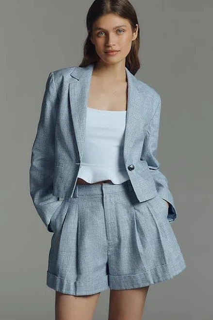 The Avery Linen Cotton Pleated Trouser Shorts by Maeve in Blue, Size: Large at Anthropologie