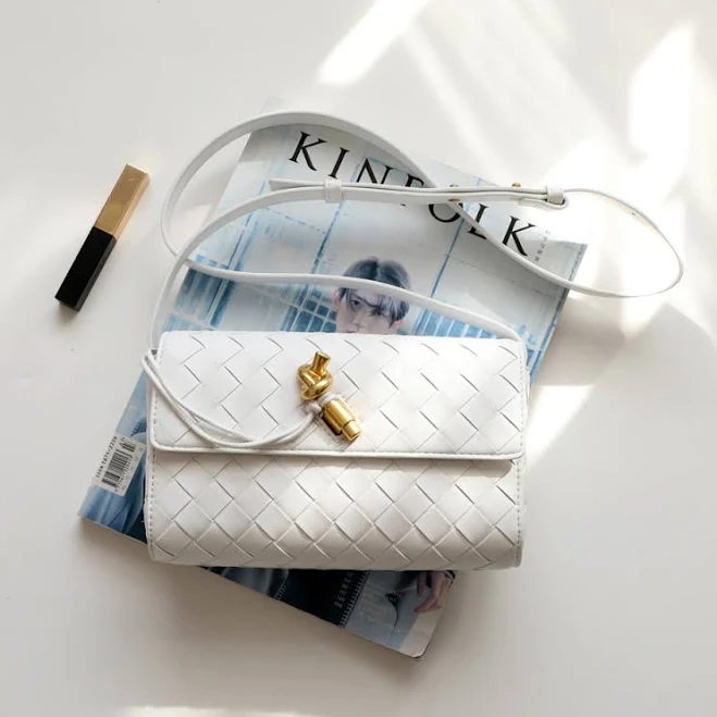 Woven Leather Crossbody Purse with Golden Buckle