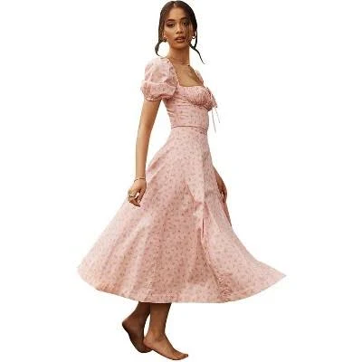 Floral Square Neck Puff Sleeve A-Line Midi Dress