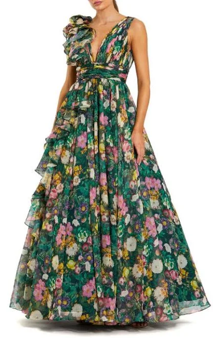 Mac Duggal Women's Ruffle Shoulder V-Neck Printed Chiffon Gown