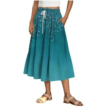 Yugyxl Women Casual Skirt Spring Summer Flared Midi Skirts High Waist Flowy Vacation Skirts A Line Swing Tiered Skirt Mint Green S, Women's, Size: