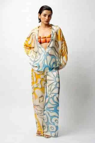 Buy Multi Color Satin Digital Print Abstract Shirt Lapel Breeze And Pant Set For Women by Forty Four Online at Aza Fashions in US