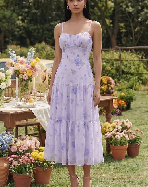 Floral Spaghetti Strap A-Line Ruffle Midi Dress