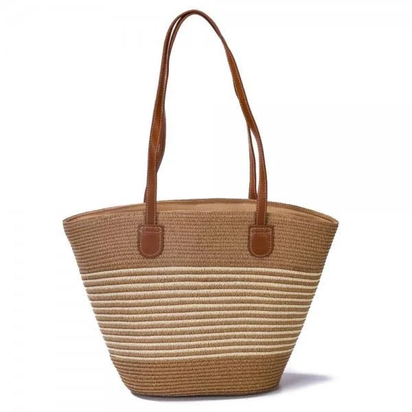 Lined Body Woven Straw Tote Bag with Faux Leather Handles