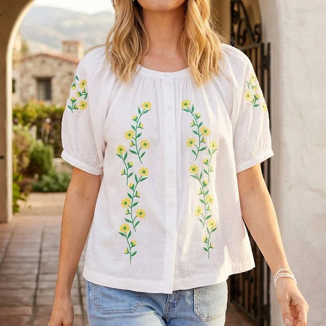 Karen Kane Women's Floral Embroidered Cotton Peasant Top