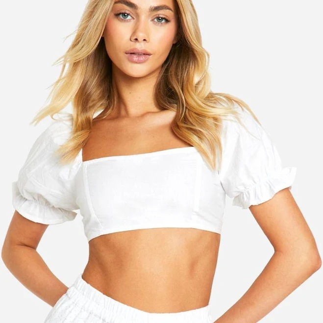 White Cotton Puff Sleeve Crop Top | Boohoo USA