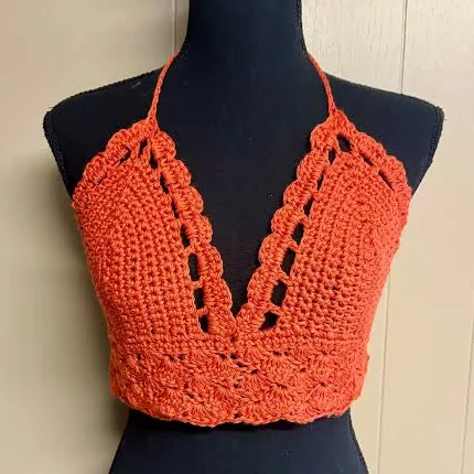 Crochet halter top women, orange crop top for teen, 100 percent cotton clothing, festival top, beach wear, summer clothes, rave bralette