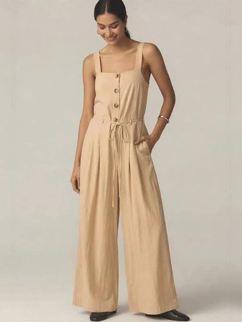 Sleeveless Button Front Tie Waist Pleated Wide Leg Jumpsuit