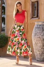 Tropical Oasis Tiered Poplin Midi Skirt Pink/Green
