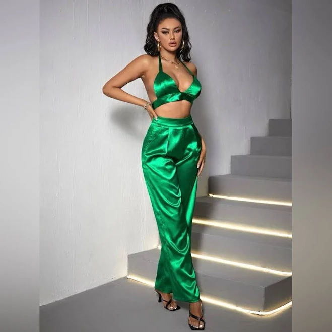 Green Satin Backless Crop Halter Top & Pants | Color: Green | Size: L | Lesslie_Lizbeth's Closet