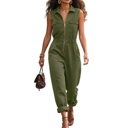 DoFit Women's Sleeveless Collared Zip Front Cargo Jumpsuit