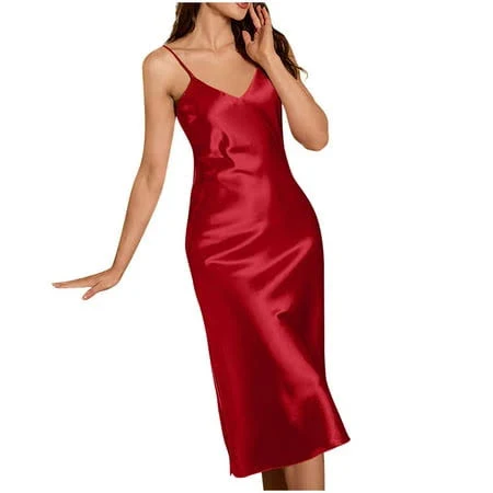 Women's Satin Spaghetti Strap V-Neck Midi Slip Dress