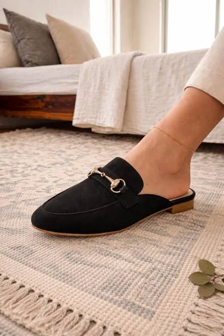 Suede Pointed Toe Slip-On Mules with Gold Buckle