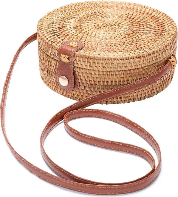 Women's Handwoven Round Rattan Beach Bag with Leather Straps